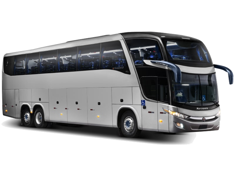 Modern coach with comfortable seating traveling on a scenic highway